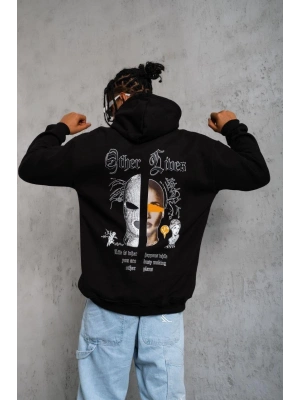 Erkek Kapşonlu Sweatshirt – Oversize Üç İplik Şardonlu Hoodie, “Other Lives” Ön & Arka Baskılı, Kanguru Cepli, Kışlık Rahat Günlük Stil - Siyah