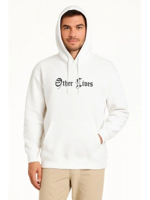 Erkek Kapşonlu Sweatshirt – Oversize Üç İplik Şardonlu Hoodie, “Other Lives” Ön & Arka Baskılı, Kanguru Cepli, Kışlık Rahat Günlük Stil - Beyaz