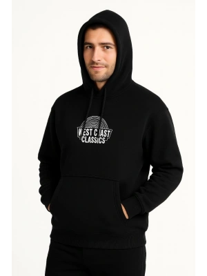 Erkek Kapşonlu Sweatshirt – Oversize Üç İplik Şardonlu Hoodie, “West Coast Classics” Ön & Arka Baskılı, Kanguru Cepli Kışlık Günlük Stil - Siyah