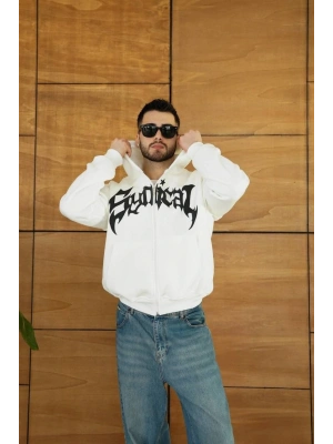 Erkek Kapüşonlu 3 İplik Şardonlu Önü Baskılı Fermuarlı Oversize Sweatshirt - Beyaz