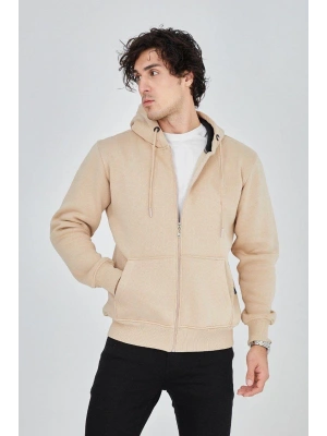 Erkek Kapüşonlu Düz Fermuarlı Hırka - Bej