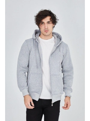 Erkek Kapüşonlu Düz Fermuarlı Hırka - Gri