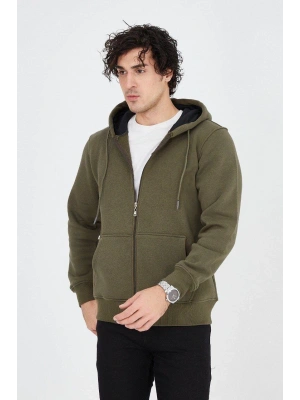 Erkek Kapüşonlu Düz Fermuarlı Hırka - Yeşil