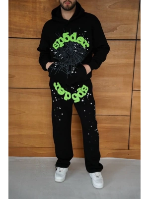 Erkek Kapüşonlu Eşofman Takım Örümcek Ağı ve Neon Yeşil Baskılı Kanguru cepli Oversize Rahat Kalıp, Premium Üç İplik Kumaş - Siyah