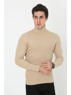 Erkek Kaşkorse Boğazlı Full Likralı Fitilli Body Kazak - Bej