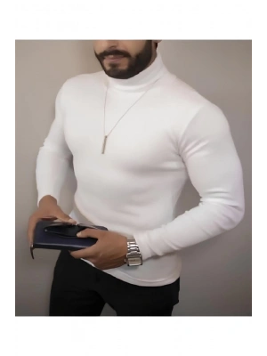 Erkek Kaşkorse Boğazlı Full Likralı Fitilli Body Kazak - Beyaz