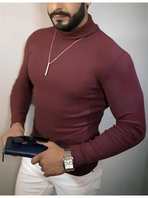 Erkek Kaşkorse Boğazlı Full Likralı Fitilli Body Kazak - Bordo