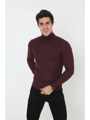 Erkek Kaşkorse Boğazlı Full Likralı Fitilli Body Kazak - Bordo
