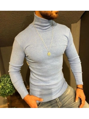 Erkek Kaşkorse Boğazlı Full Likralı Fitilli Body Kazak - Gri