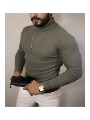 Erkek Kaşkorse Boğazlı Full Likralı Fitilli Body Kazak - Haki