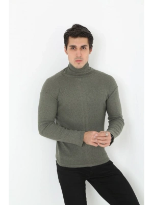 Erkek Kaşkorse Boğazlı Full Likralı Fitilli Body Kazak - Haki