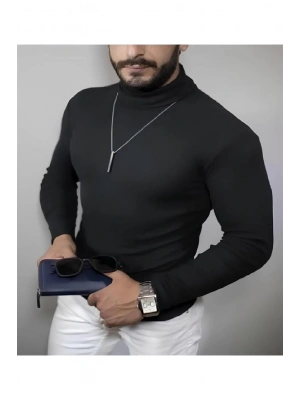 Erkek Kaşkorse Boğazlı Full Likralı Fitilli Body Kazak - Siyah