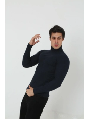 Erkek Kaşkorse Boğazlı Full Likralı Fitilli Body Kazak - Siyah