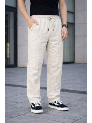 Erkek Keten Cepli Çıma Dikişli jogger Buggy Pantalon Rahat kalıp - Krem