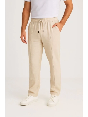 Erkek Keten Pantolon – Cepli, Beli Lastikli ve Bağcıklı, Nefes Alan Rahat Kalıp, Yazlık ve Baharlık Günlük Giyim, Şık & Konforlu Boru Paça Model - Bej