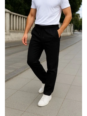 Erkek Keten Pantolon – Cepli, Beli Lastikli ve Bağcıklı, Nefes Alan Rahat Kalıp, Yazlık ve Baharlık Günlük Giyim, Şık & Konforlu Boru Paça Model - Siyah