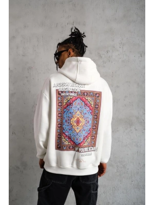 Erkek Kilim Desen Kapüşonlu Sweat- Beyaz