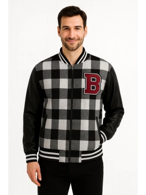 Erkek Kolej Ceket – Kareli Oduncu Kumaş, Kolları Suni Deri, Fermuarlı, İçi Kapitone Astarlı, Nakışlı Oversize Bahar & Kış Stil - Gri