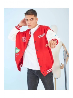 Erkek Kolları Yıldız Sırt Baskılı Oversize Kolej Ceket - Kırmızı