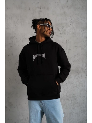 Erkek Kordon İpli Baskılı Kapüşonlu Sweatshirt - Siyah