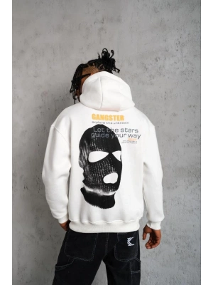 Erkek Kordonlu Maske Baskılı Kapüşonlu Sweat - Beyaz