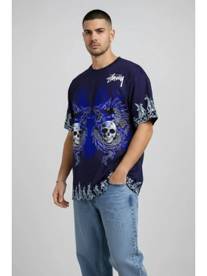 Erkek Lacivert Oversize Tişört Dragon & Kuru Kafa Baskılı Bisiklet Yaka Streetwear T-Shirt - Lacivert