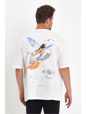 Erkek Melek Baskılı Oversize T-shirt - Beyaz