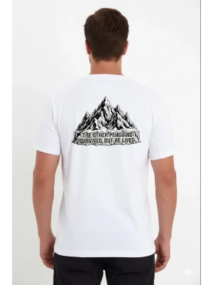 Erkek Nihilist Penguen Temalı Oversize Bisiklet Yaka Tişört - Beyaz