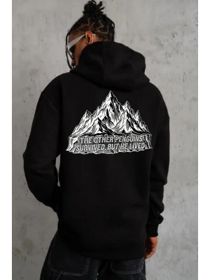Erkek Nihilist Penguen Temalı Oversize Kapüşonlu Sweatshirt - Siyah