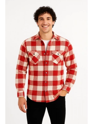 Erkek Oduncu Gömlek – Uzun Kollu, Şardonlu Kumaş, Kareli Desen, Regular Fit, Manşetli, Çift Cepli, Rahat Günlük Bahar & Kış Stil - Kırmızı