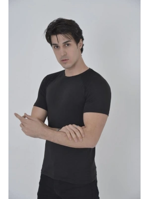 Erkek Omuz Fileli Slim Fit T-shirt - Siyah