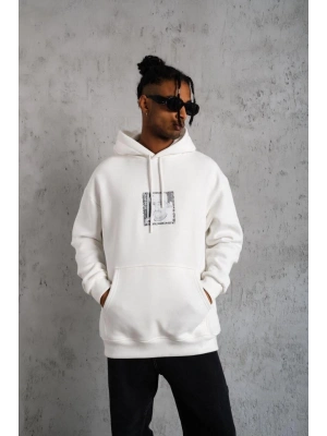 Erkek Ön Arka Baskılı Kapşonlu Sweat - Beyaz