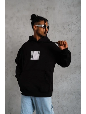Erkek Ön Arka Baskılı Kapşonlu Sweat - Siyah