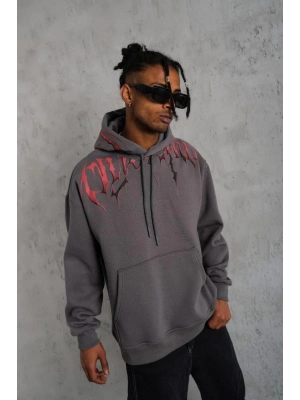 Erkek Ön ve Arka Baskılı Kapüşonlu 3 İplik Sweatshirt - Füme