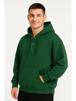 Erkek Ovarsize Kapüşonlu Swetshirt Kanguru Çepli Cıtcıtlı 3 iplik Şardonlu Hoodie - Haki