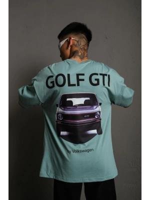 Erkek Oversize Baskılı Tişört – Golf GTI Retro Araba Desenli, Ön & Arka Dijital Baskı, Sokak Modası Stil - Mint Yeşili