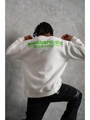 Erkek Oversize Sweatshirt – Beyaz Renk | Ön ve Sırt Baskılı, Üç İplik İçi Pamuklu Kumaş, Rahat Kalıp, Ribanalı Kışlık Sweat | Winagain Polizei Serisi - Beyaz