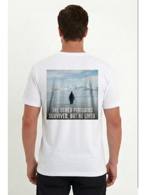 Erkek Oversize Tişört - Sırt Baskılı Survivor Penguin Temalı, Felsefi Yazılı Bisiklet yaka Tişört - Beyaz