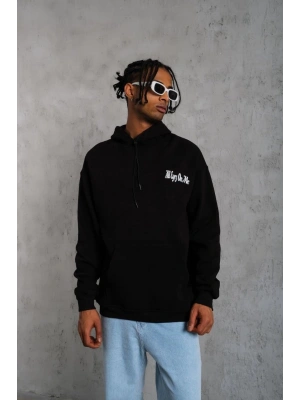 Erkek Oversize Üç İplik Kapüşonlu Sweat – Siyah Kol ve Etek Ribana Detaylı, Ön ve Sırt Baskılı, Kanguru Cepli Rahat Kalıp Model