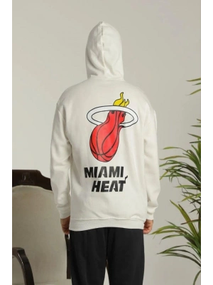 Erkek Oversize Üç İplik Kapüşonlu Sweatshirt –Sırt ve Ön Baskılı, Kanguru Cepli, Rahat Kalıp Maskot Desenli Model - Siyah Beyaz