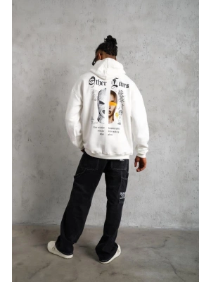 Erkek Oversize Üç İplik Şardonlu Kapüşonlu Sweatshirt – Beyaz “Other Lives” Ön ve Arka Baskılı, Kanguru Cepli, Ribanalı Rahat Kışlık Model Beyaz