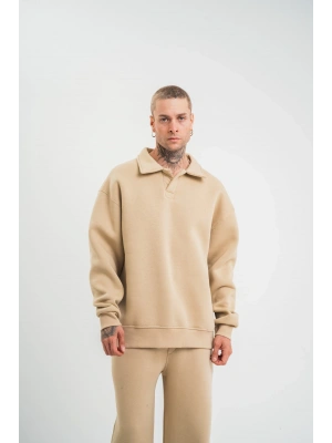 Erkek Patlı Yaka Üç İplik Pamuklu Sweatshirt Double Oversize Rahat Kalıp Günlük Kullanım – Bej