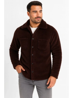 Erkek Pelüş Polar Hırka Gömlek – Yakalı, İlik Düğmeli, Göğüs Cepli, Yumuşak Dokulu Kışlık Regular Fit Rahat Günlük Model - Kahverengi