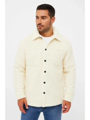 Erkek Pelüş Polar Hırka Gömlek – Yakalı, İlik Düğmeli, Göğüs Cepli, Yumuşak Dokulu Kışlık Regular Fit Rahat Günlük Model - Beyaz