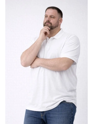 Erkek Pike Kumaş Düğmeli Yaka Battal Büyük Beden Günlük Kısa kol Tişört T-shirt - Beyaz