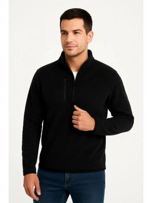 Erkek Polar Kazak – Dik Yaka, Yarım Fermuarlı, Fermuarlı Göğüs Cepli, Siyah Biyeli, Kışlık Rahat Regular Fit Günlük Model - Siyah