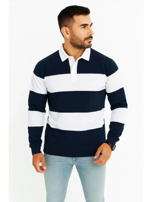 Erkek Polo Yaka Uzun Kollu Çizgili Sweatshirt Trend Rugby Stil - Lacivert