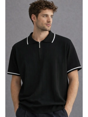 Erkek premium kalite rahat kalıp pamuklu yarım fermuarlı triko tişört Siyah
