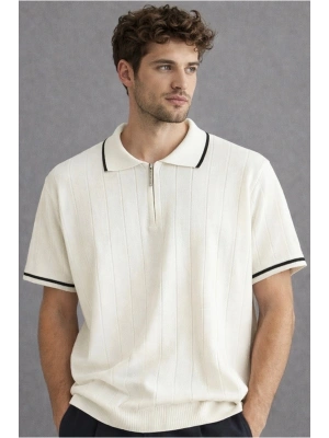 erkek premium kalite rahat kalıp pamuklu yarım fermuarlı triko tişört / t-shirt