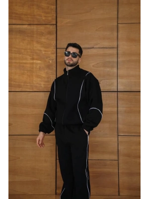 Erkek Premium Parçalı Eşofman Takım - Dik Yaka Fermuarlı Biyeli Sweatshirt Lastik Paça Alt, Oversize 3 iplik Şardonlu - Siyah